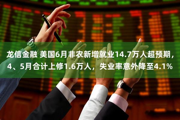 龙信金融 美国6月非农新增就业14.7万人超预期，4、5月合计上修1.6万人，失业率意外降至4.1%